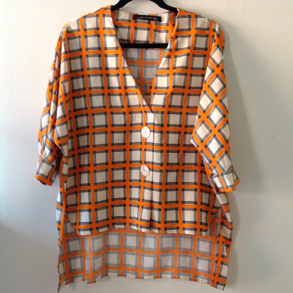 ZARA Plaid Blouse button top TUNIC XS orange